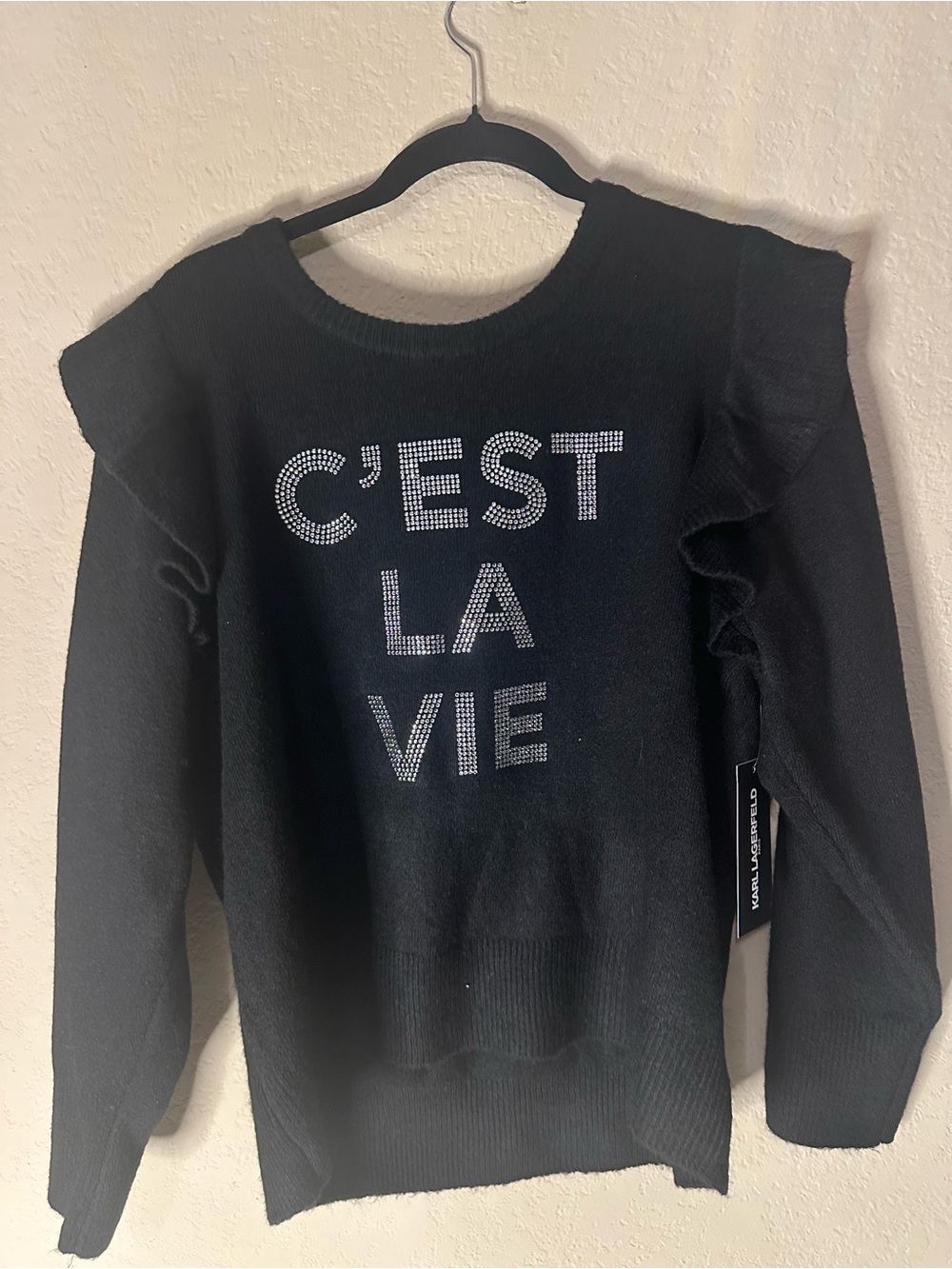 Karl Lagerfeld C'EST LA VIE Black Women's Sweater with Ruffle Shoulders XL